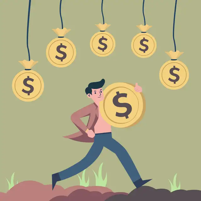Illustratie van man die loopt met dollar